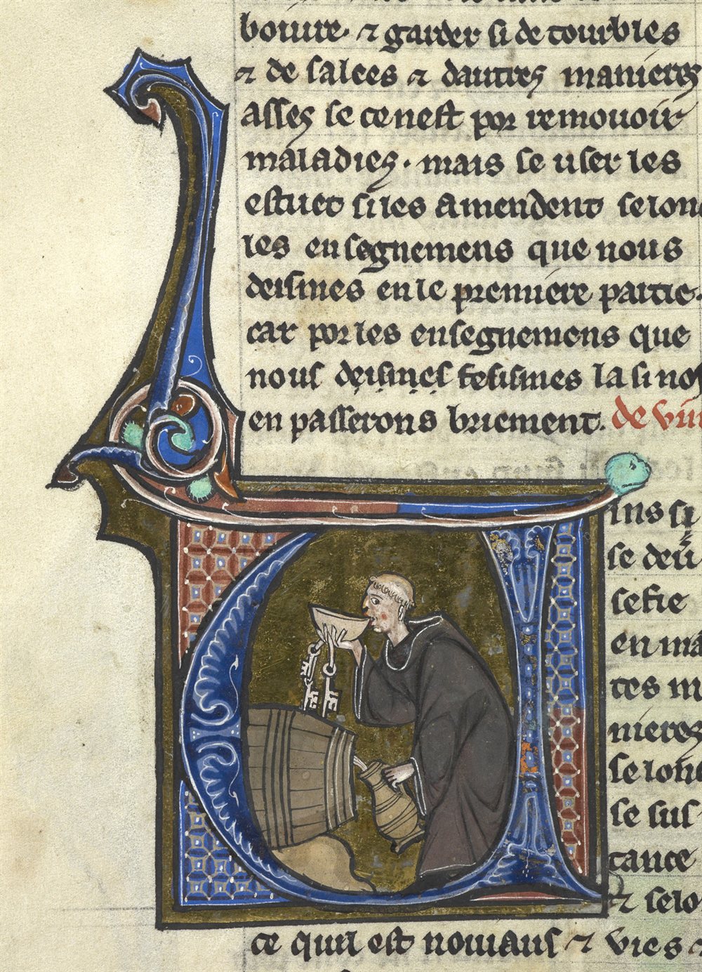 A medieval illumination of a monk drawing drink from a barrel and tasting it.