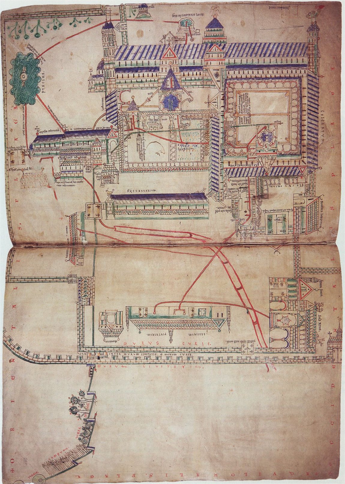 A twelfth-century drawing of a monastery's water system: the spring, the conduit, settling tanks, cisterns and washing places, drawn in plan and elevation together.