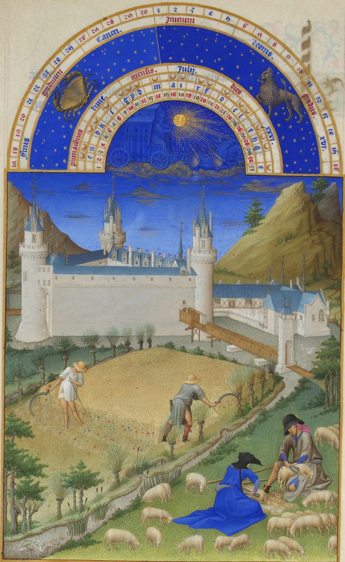 The July page of a medieval book of hours: two reapers cutting grain with sickles, sheep being shorn at the field edge, a castle behind.