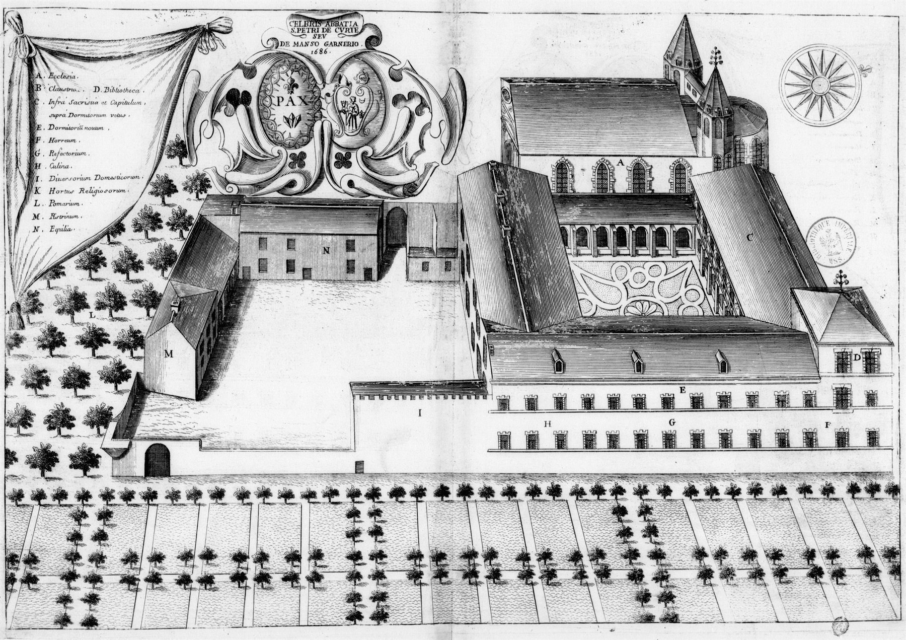 A 1686 engraved bird's-eye view of the abbey: the church, the cloister, the ranges, the walled garden and rows of orchard trees, with a lettered key down the left margin.