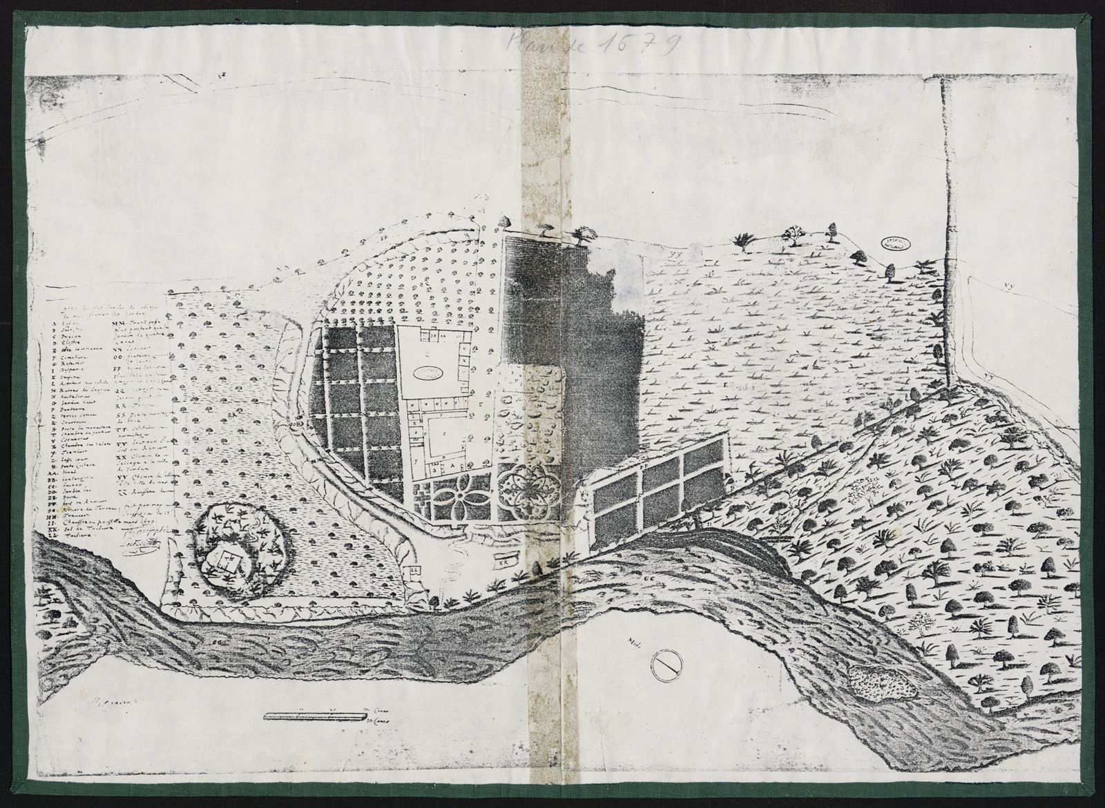 A seventeenth-century manuscript plan of the abbey: the buildings, the walled parterres and orchards, the woodland and the course of the Garonne, with a lettered key down the left margin.